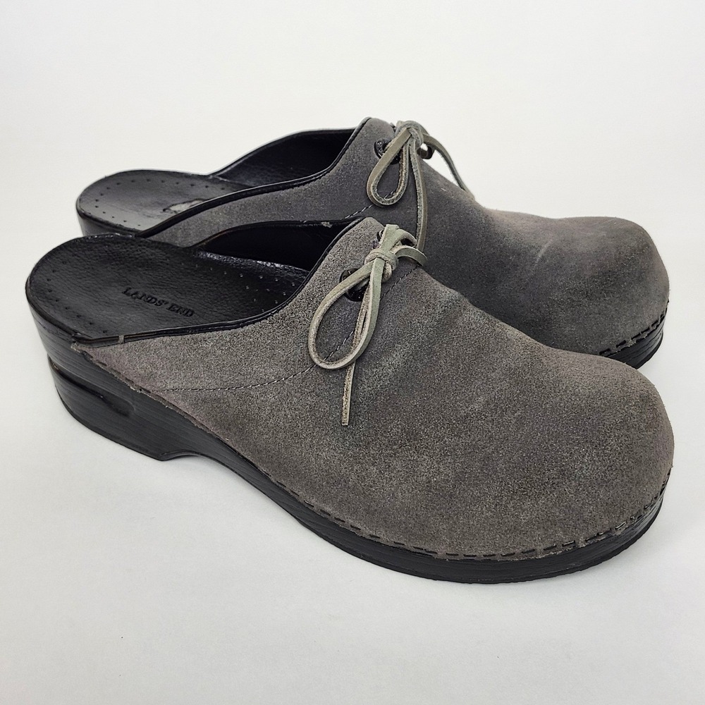 Lands End Grey Suede Clogs Tie Bow Front Mules Slip On Leather Shoes Size 9